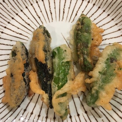 ししとうと黒ししとうを天ぷらにしました。
天ぷら粉なしで少量の油でも綺麗に揚げることができました^_^